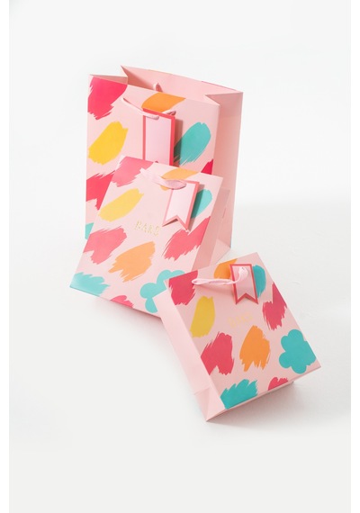 Pastel Pembe Renkli Fırça Desenli 3 Boy Karton Hediye Çantası Seti 3+