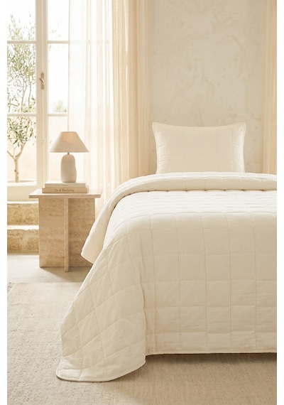 Ocean Home Textile %100 Pamuk Kumaş Kapitoneli Ekru Çok Amaçlı Tek Kişilik Yatak Örtüsü Seti 1 Adet 180 X 230 / 1 Adet 50 X 70 Cm