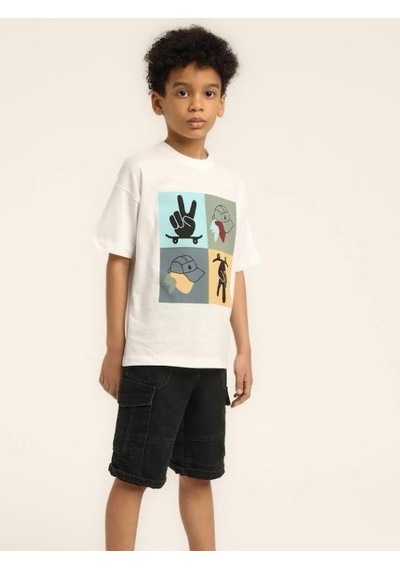 Escabel Erkek Çocuk Şapka Desenli Tasarım Pamuklu T-shirt-15627 Beyaz