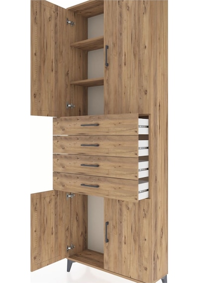 Arges Dolap 3 Raflı 4 Çekmeceli 4 Kapaklı 88x30x243 Çam-çam Çam