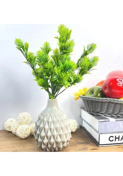 5 Dal Yapay Çiçek Plastik Demet Beyaz Iğneli Çam Demeti Garnitür Aradal Dekoratif Yapay Bitki - Yeşil