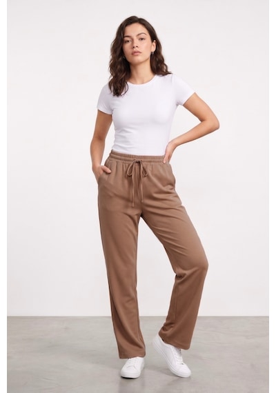 Genius Store Kadın Pantolon Beli Lastikli Cepli Rahat Kalıp Kadın Spor Pantolon Vizon