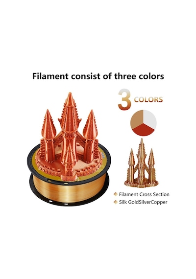 Üç Renkli Silk Pla Filament - Altın-gümüş-bakır Canlı Parlak Renk Geçişi 1.75mm 1 Kg