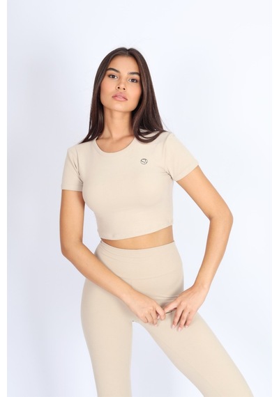 Kadın Organik Kumaş Bisiklet Yaka Vücuda Oturan Slim Fit Atlet Bluz Bej