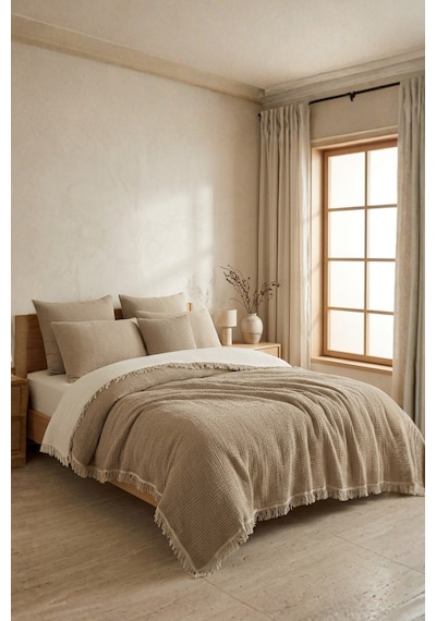 Natura Soft Ekru 4 Kat Müslin Çift Kişilik Yatak Örtüsü 220x230 Cm %100 Pamuk Çok Amaçlı Koltuk Örtüsü Ve Tv Battaniyesi Bej