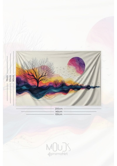 Renkli Gün Batımı Desenli Duvar Halısı Duvar Örtüsü Tapestry Süet Dokulu Kumaş