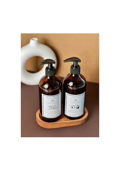 Oval Ahşap Standlı 2'li 500ml Amber Cam Sıvı Sabun Deterjan Şişesi Kahverengi Kahverengi