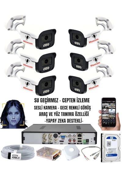 6'lı Sesli - 5mp Sony Lens Gece Renkli Yüz Tanımalı Kamera Seti 6'lı Sesli - 5mp Sony Lens Gece Renkli Yüz Tanımalı Kamera Seti