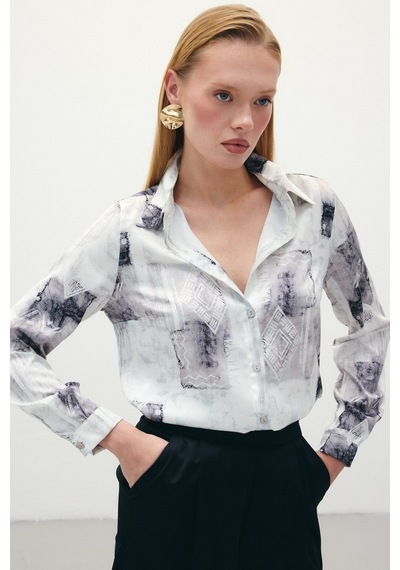 Sateen Desenli Klasik Gömlek - Bej-136290 Bej
