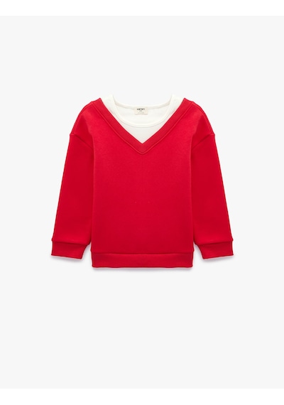 Koton Katmanlı V Yaka Uzun Kollu Pamuklu Şardonlu Sweatshirt Kırmızı 7wkg10051ak