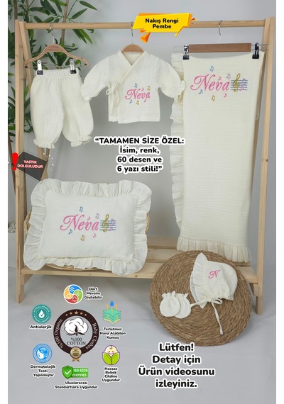 Gros Shop Müslin Yeni Doğan 4katlı Organik %100pamuk Kişiye Özgü Nakışlı Hastane Çıkış Seti Nota Model Ekru