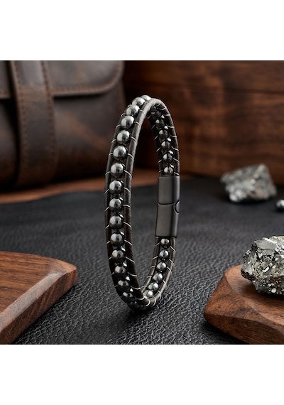 Premium 6mm Hematit Taşlı Deri Kordon Ve Çelik Bileklik 31832b2d6m3 - 21 Cm Siyah