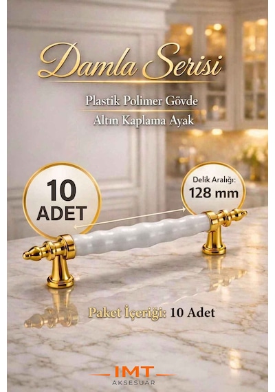 Damla Lüks Polimer Mobilya Kulpu 128 Mm Beyaz-altın 10 Adet Mutfak Dolabı Çekmece Vestiyer Kulpu Altın - Beyaz