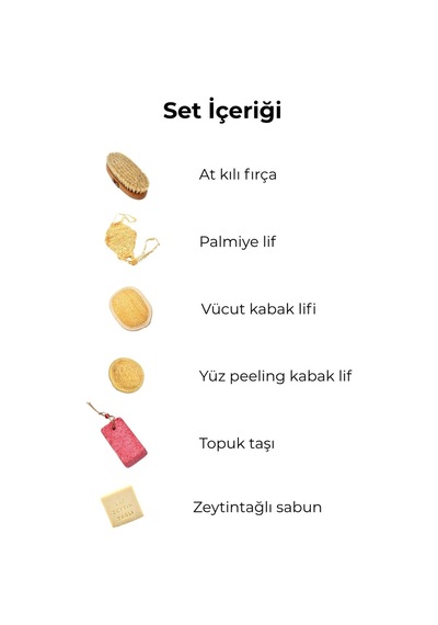 Doğal Kabak Lifi + Zeytinyağlı Sabun + At Kılı Masaj Fırçası + Topuk Taşı Banyo Seti 6'lı
