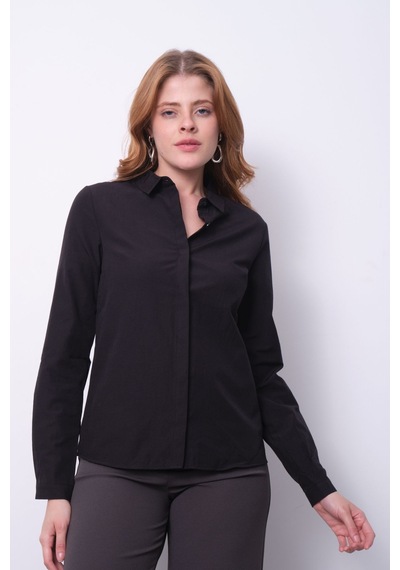 Pera Moda Kadın Basic Gizli Düğme Özellikli Gömlek Koyu Siyah