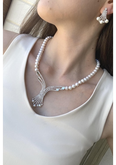 7,5 Mm Kadın Zirkon Taşlı Doğal İnci Küpe Kolye İkili Set Gümüş