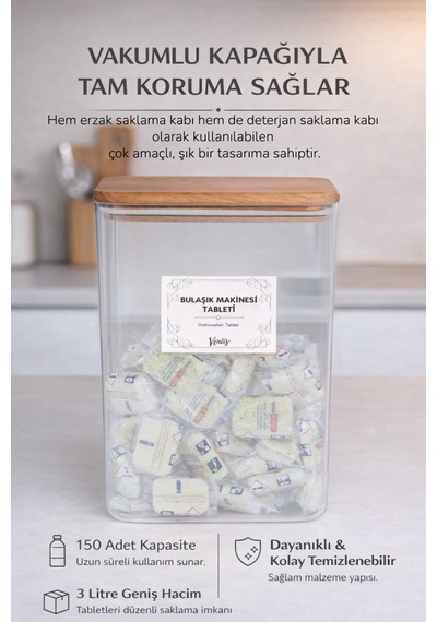 Ahşap Vakumlu Kapaklı Tablet Deterjan Kutusu 3 Lt 150 Adet Kapasiteli Şeffaf