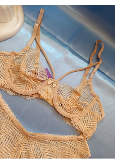 Csaymoda Dantelli Taşlı Brode Sütyen Takımı Somor Ten