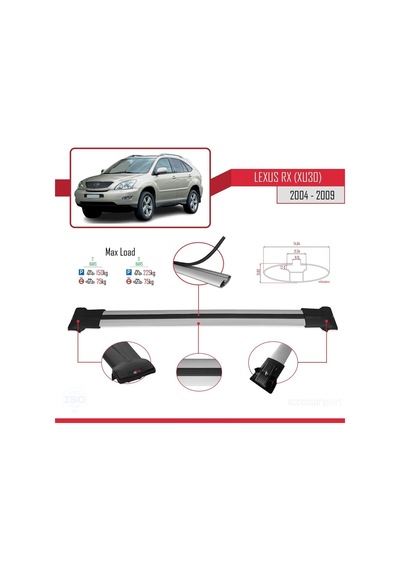Lexus Rx Xu30 2004-2009 Arası İle Uyumlu Fly Model Ara Atkı Tavan Barı Gri