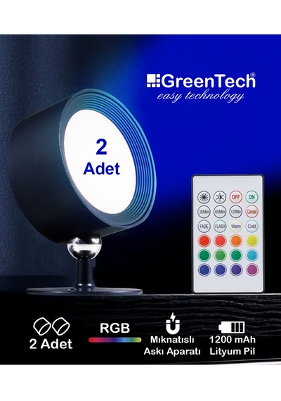 Greentech 14 Renk Dokunmatik 360 Dönebilen Magnetli Şarjlı Led Aplik - 2 Adet / Gt-cl21 Siyah