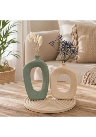 Momiko El Yapımı Modern Bohem Beton Vazo Seti Dekoratif Kemerli İkili Vazo & Yuvarlak Altlık Premium Seri -