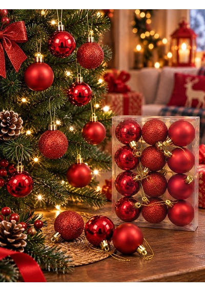12'li Set 4 Cm Kırımızı Yılbaşı Ağacı Süsü Mat, Simli Ve Parlak Karışık Çam Ağacı Topu Noel Süsü Diğer