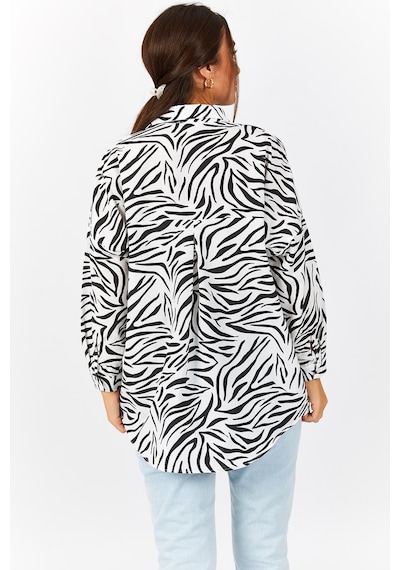 Armonika Kadın Siyah Zebra Desen Oversize Uzun Basic Gömlek Arm-22y001145