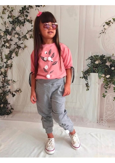 Quzucuk Kids Kız Çocuk Pamuk Figürlü Pembe Eşofman Takımı Pembe
