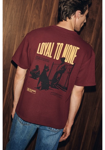 Grimelange Dukı Erkek Bisiklet Yaka Organik Pamuklu Baskılı Oversıze Bordo T-shirt