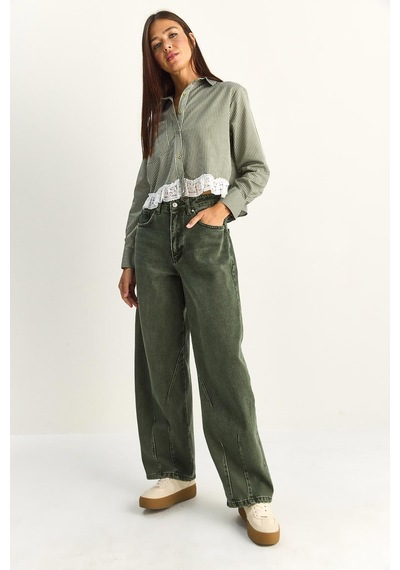 Shade Kadın Vintage Yıkamalı Baggy Kesim Rahat Kalıp Denim Pantolon 703 60286060 - Haki
