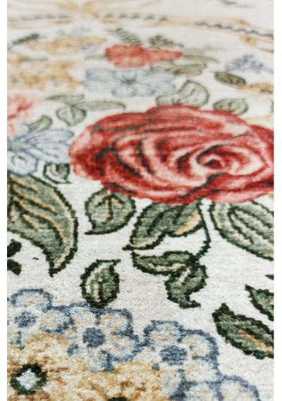 Oval Vintage Gül Desenli Krem Kilim Fransız Klasik Şık Salon Oturma Odası Halısı Krem Krem