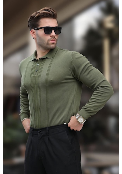 Madmext Haki Polo Yaka Çizgili Erkek Triko Kazak 7265 Haki
