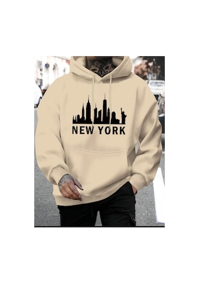 Herkesemoda New York Yazı Detaylı İçi Polarlı Kapüşonlu Sweatshirt Bej