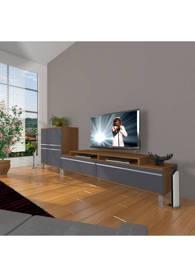 Decoraktiv Ekoflex On Mdf Krom Ayaklı Tv Ünitesi Tv Sehpası Ceviz - Antrasit