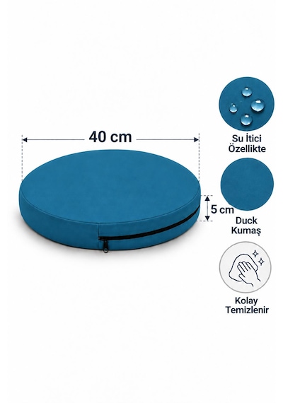 Kreş Minderi Anaokulu Aktivite Minderi, Bahçe, Dekor, Sandalye Minderi 40x40x 5 Cm Yuvarlak Minder 5adet Petrol Mavi