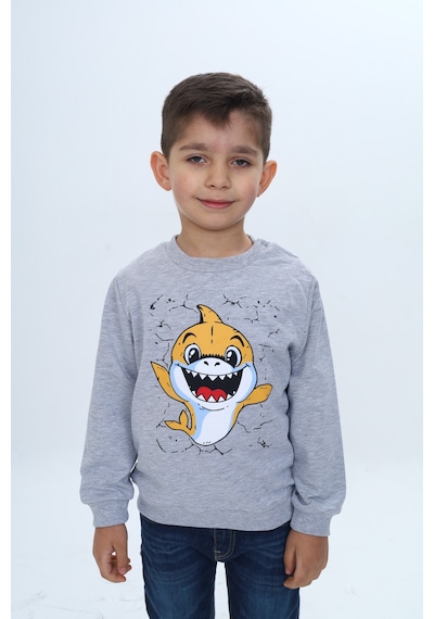 Toontoy Kids Toontoy Erkek Çocuk Çıtçıtlı Köpek Balığı Baskılı Sweatshirt Gri Melanj