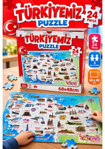 Türkiyemiz 24 Parça Eğitici Puzzle 68 48 Cm Türkiye Haritası Ve Şehirlerin Simgeleri Puzzle