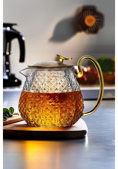 Modern Cam Demlik 550 Ml - Isıya Dayanıklı, Cam Süzgeçli Ve Altın Kulplu Çay Keyfi Şeffaf