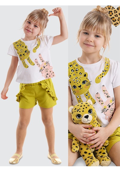 Muzip Kediler Fırfırlı Kız Çocuk Yazlık T-shirt Şort Takım
