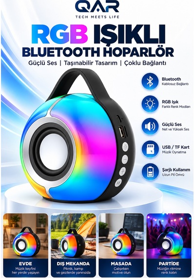 Rgb Led Işıklı Bluetooth Hoparlör Usb Ve Hafıza Kartı Destekli Taşınabilir Mini Ses Bombası Siyah