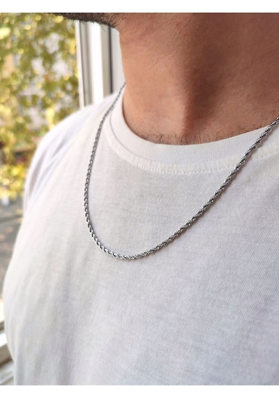 2.5 Mm Unisex Vip Paslanmaz Çelik Burgu Halat Beyaz Renk Kolye Siyah
