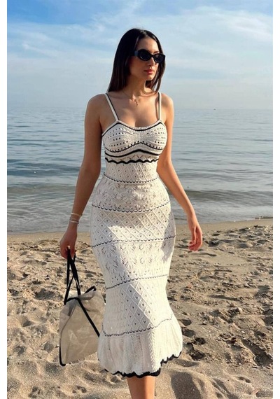 Asur Boutique Asur Butik Askılı Triko Elbise Uzun Ajurlu Bej Renk Astarsız Plaj Elbisesi