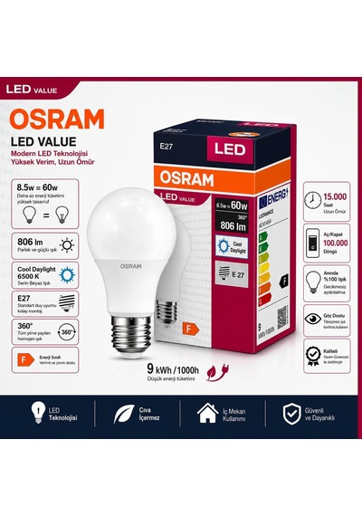 Led Value 8.5w E27 Led Ampul 6500k Beyaz Işık 806 Lm 60w Eşdeğeri Enerji Tasarruflu 360 Aydınlatma 10'lu Paket Genel