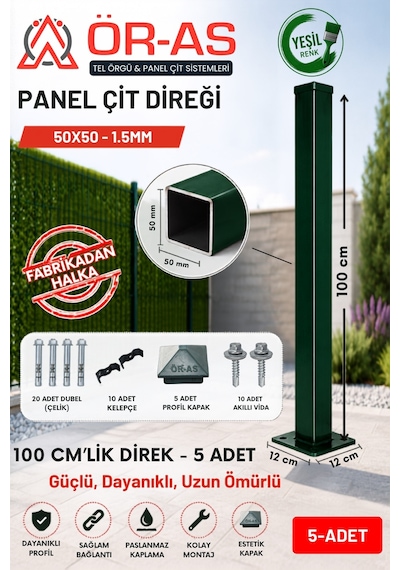 Panel Çit Diregi Aksesuarlı- -100cm- Yeşil Renk - 5-adet