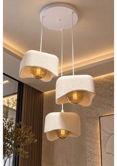 Beton Görünümlü 3'lü Kare Sarkıt Avize Modern Bohem Salon Yemek Masası G95 Rustik Led Ampul Hediyeli Beyaz