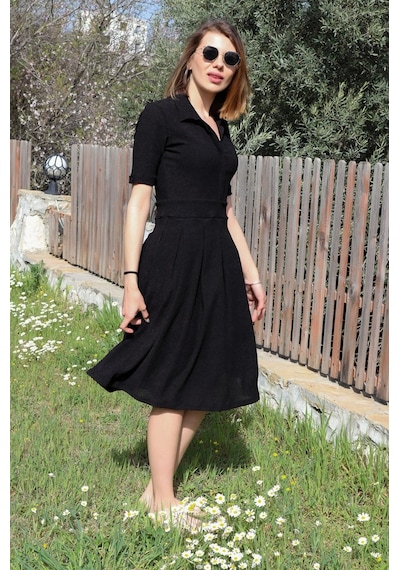 Barbora Keten Günlük Yazlık Ofis Kadın Elbisesi Bt208siyah3 001