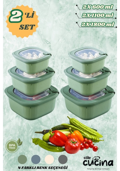 6'lı Mikrodalga Ve Difriz Kullanımına Uygun Vakumlu Sızdırmaz Saklama Kabı Seti 2x 600-1100-1800 Ml Yeşil