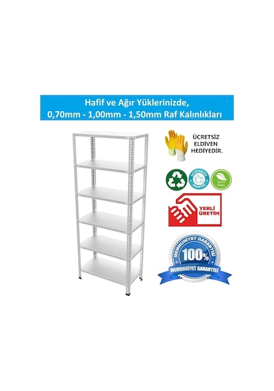 Raf Burada  6 Katlı Galvaniz Çelik Raf - Depo, Arşiv, Kiler, Dosya, Market Rafı-31x93x200 cm- 0.70 mm
