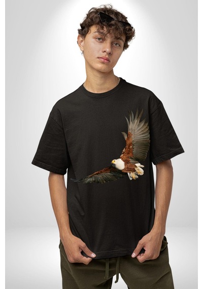 Kartal Özgürlük Pamuklu Bisiklet Yaka Unisex Oversize Boyfriend Dijital Baskılı Siyah T-shirt Siyah