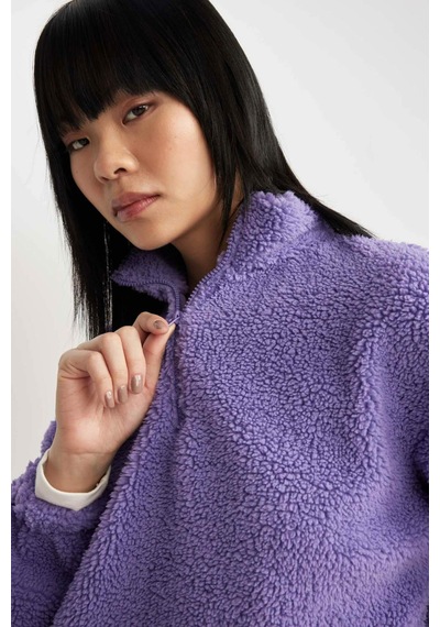 Defacto Coool Oversize Fermuarlı Dik Yaka Basic Düz Pelüş Sweatshirt B9836AX23WNPR262 Mor